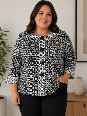 Live a Little Vintage Black White Geometric Square Jacquard Print Jacket XL